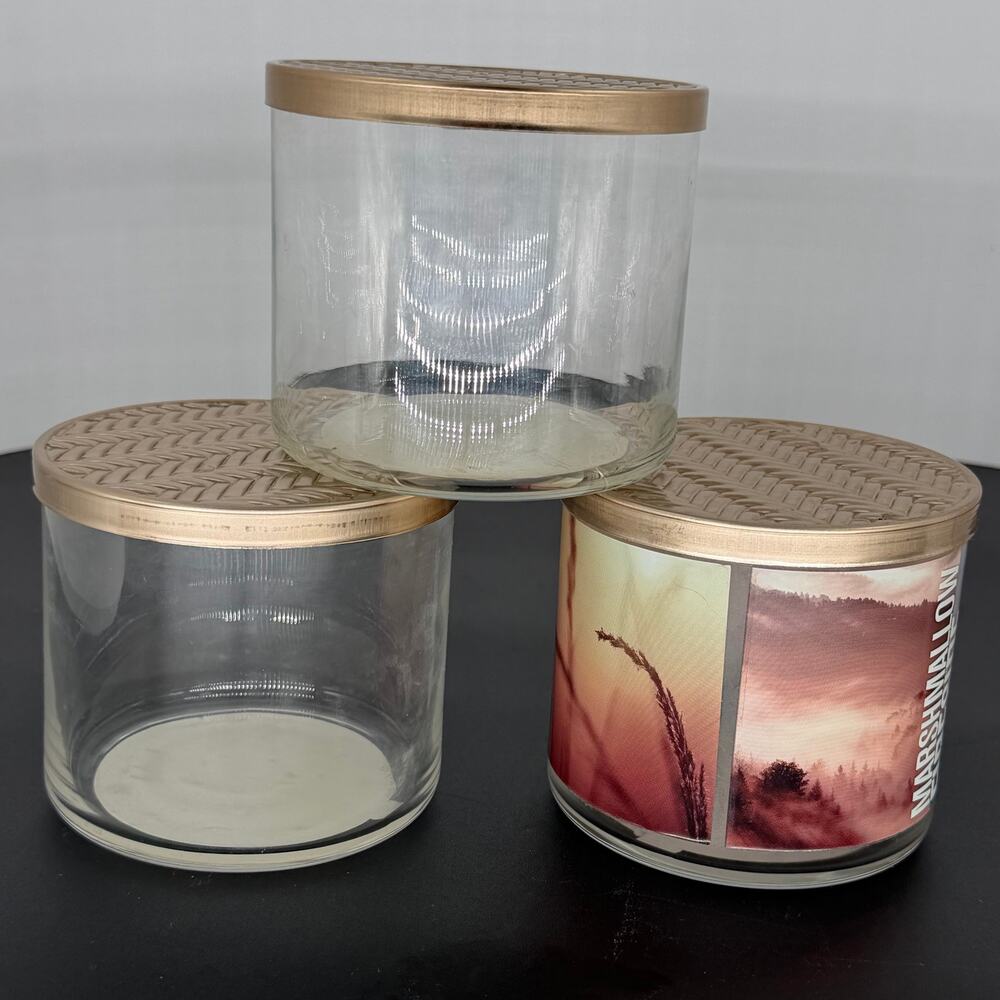 Lot of 3 Empty Candle Glass Jars Gold Chevron Lids DIY Upcycle Bath & Body Works